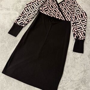 Geometric Patterned Black and Pink Dress